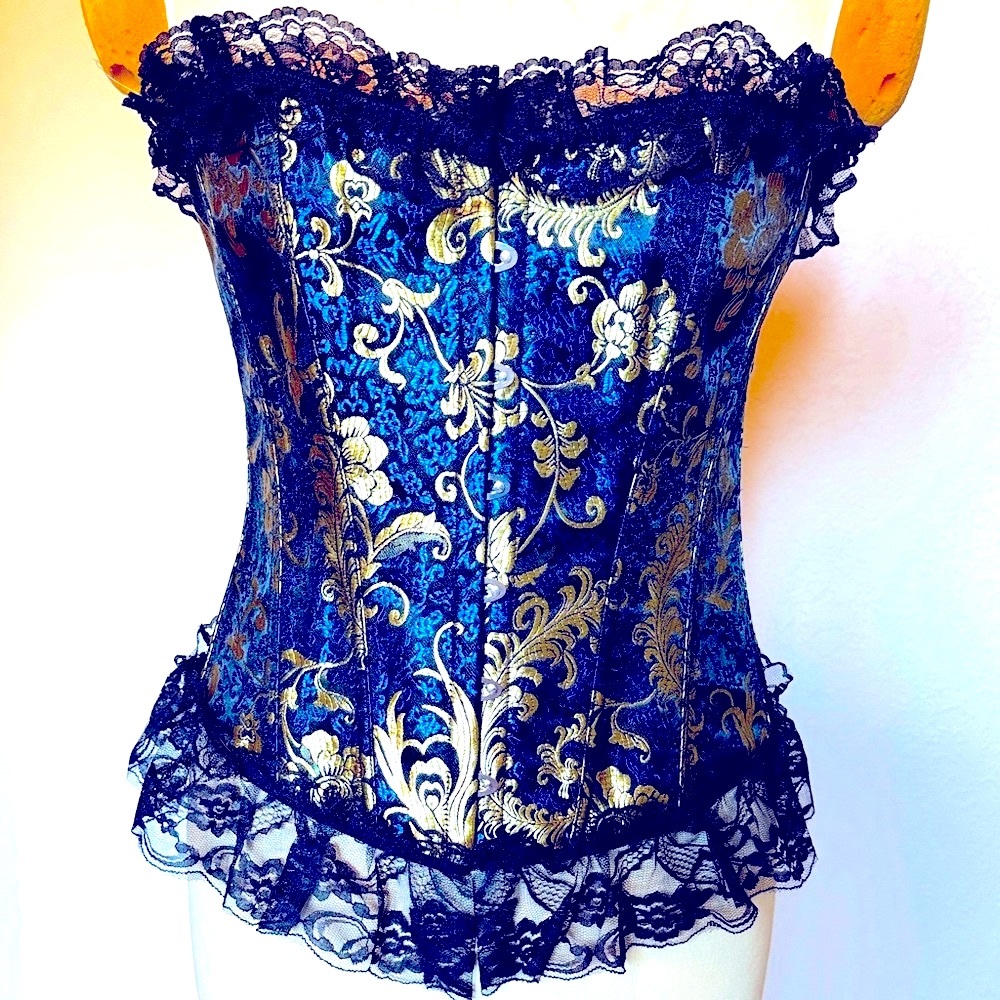 Blue & Gold Corset Overbust Bustier with Black Lace XL Adjustable